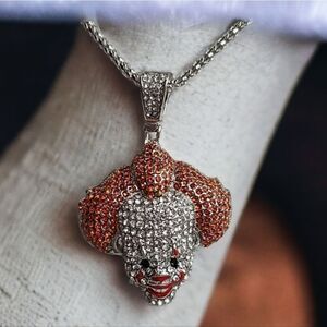 Rhinestone Pennywise Creepy Clown Necklace Horror Slasher Movie IT Silver Unique